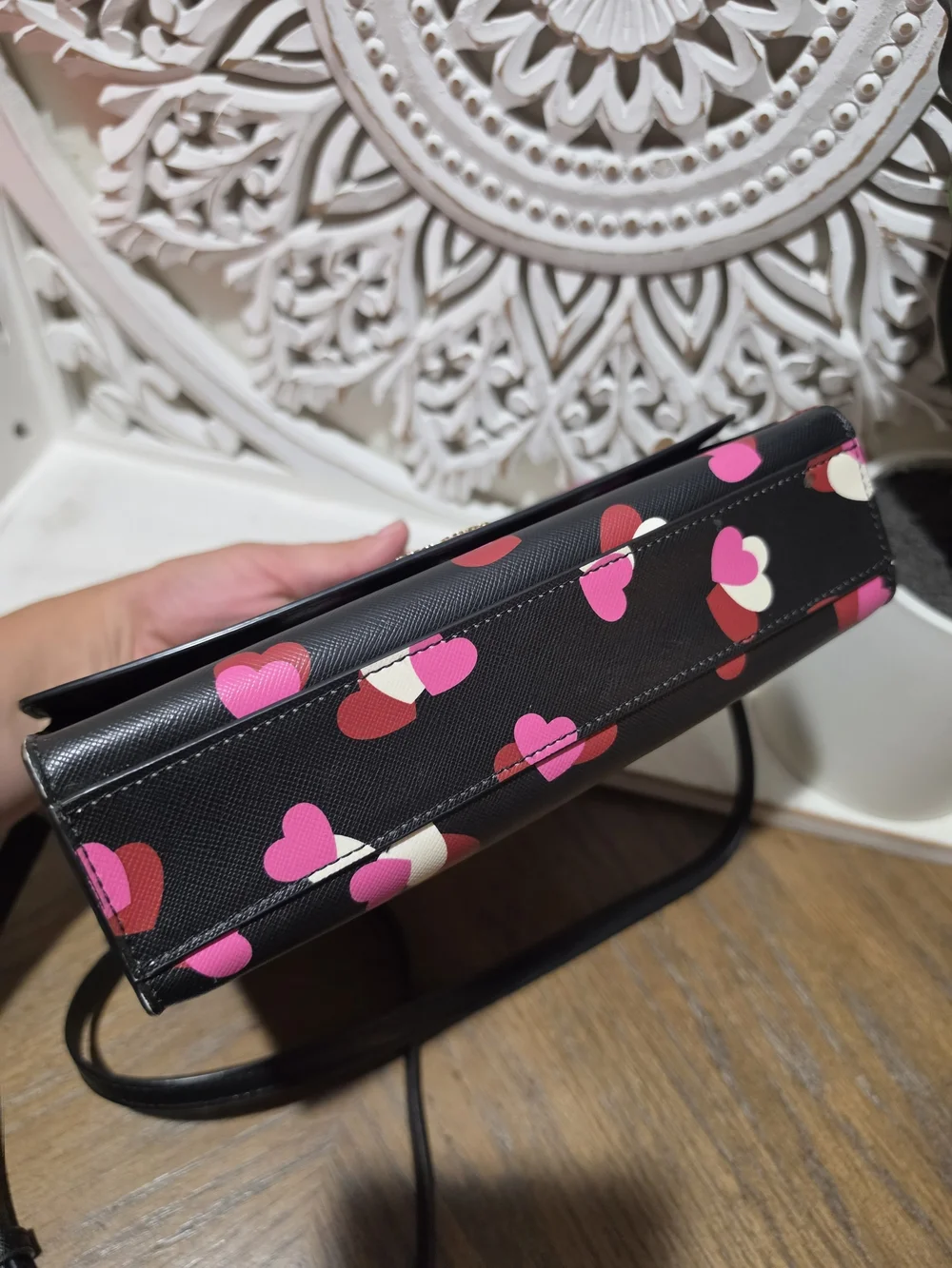 Kate Spade New York Heart Print Crossbody Purse | Black Multi | Gold Chain Strap